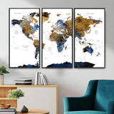 MGV-FC-48X32-3P - World Map Wall Art Canvas Print, Framed Blue Gold Map Art Picture Print, Rustic Atlas Perfect Rustic Modern Decor Artwork