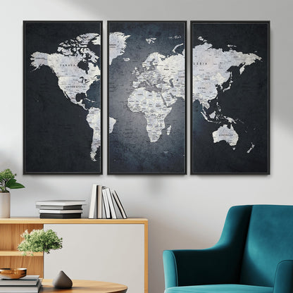 MGV-FC-48X32-3P - Monochrome World Map Wall Art Canvas Print, Framed Minimalist Map Art Picture Print, Modern Atlas Perfect Modern Minimalist Decor Artwork