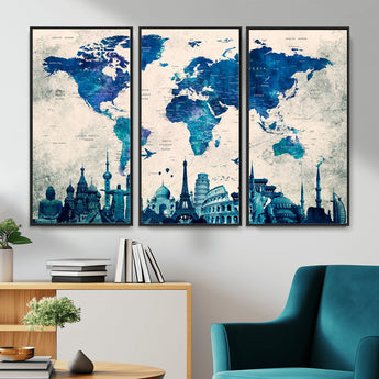 MGV-FC-48X32-3P - Blue World Map Wall Art Canvas Print, Framed Iconic Landmarks Art Picture Print, Blue Globe Map Perfect Elegant Explorer Decor Artwork