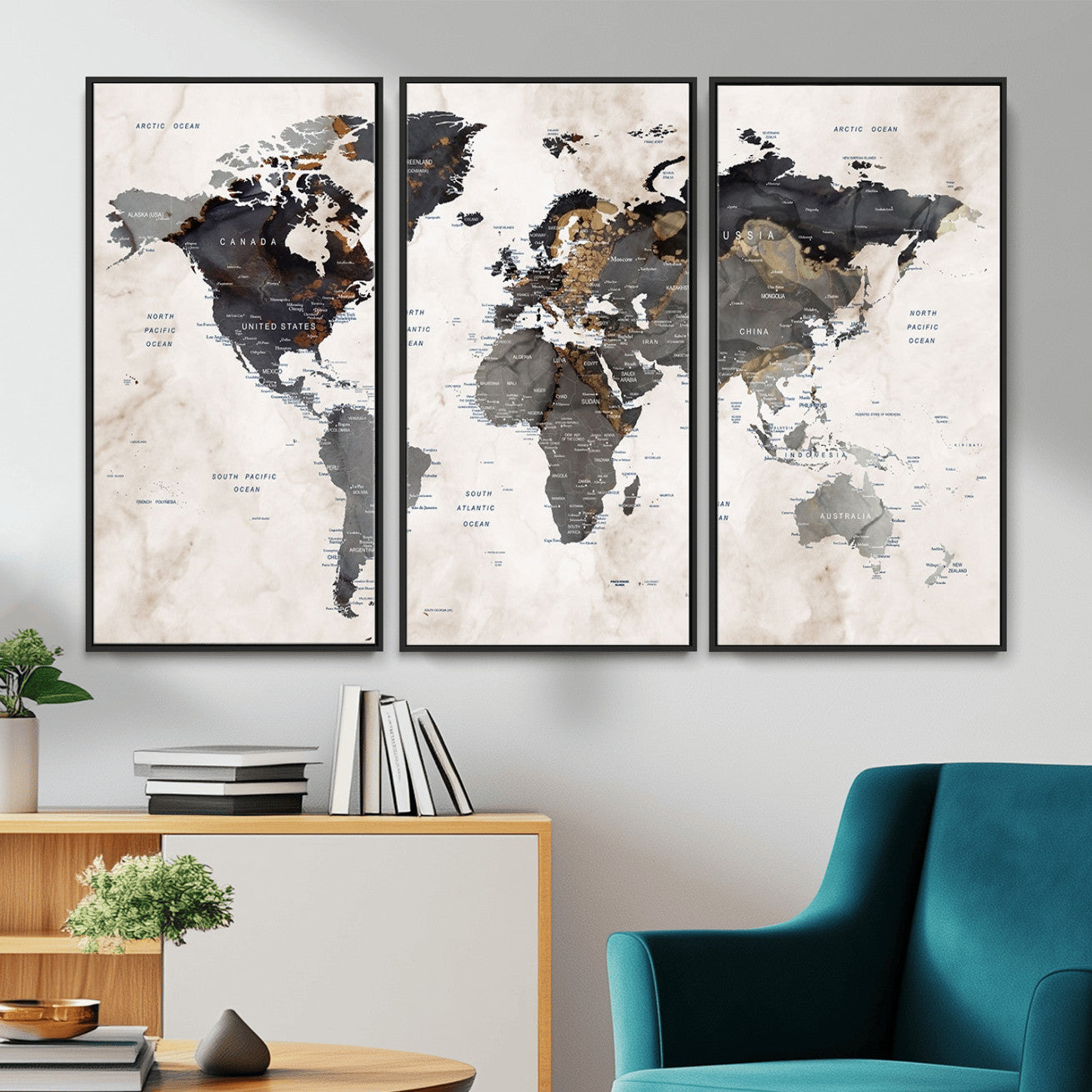 MGV-FC-48X32-3P - World Map Wall Art Canvas Print, Framed Rustic Map Art Picture Print, Antique Map Perfect Rustic Explorer Decor Artwork
