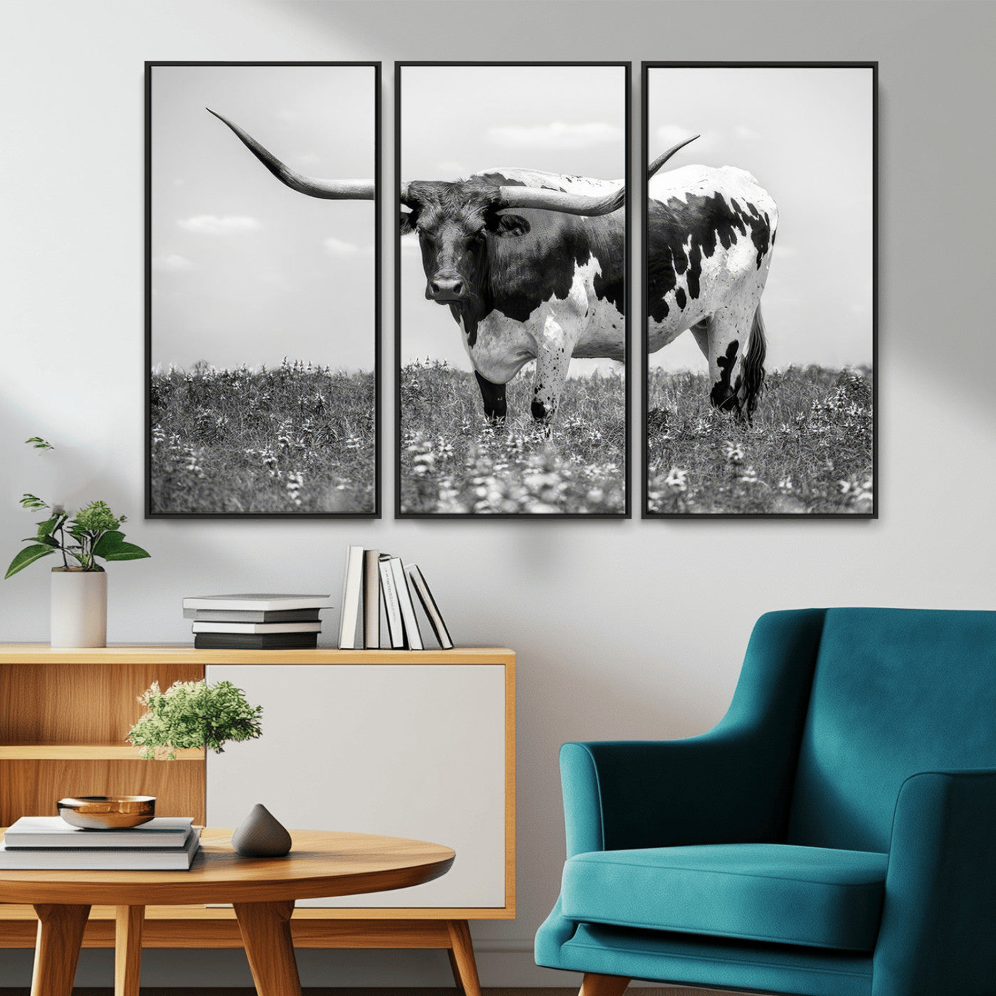 83785-MGV-CV-36X24-Texas Longhorn Wall Art Canvas Print, Framed Horned Bull Art Picture Print, Monochrome Cattle Perfect Rustic Western Decor Artwork