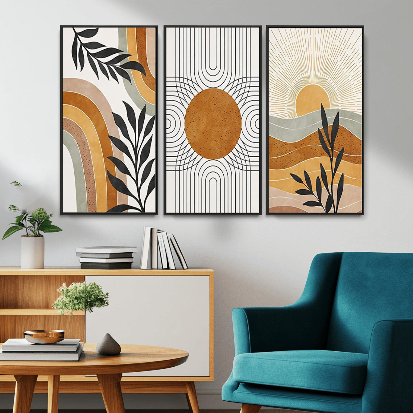 32359-MGV-CV-36X24-Modern Sun Wall Art Canvas Print, Framed Retro Horizon Art Picture Print, Sunburst Design Perfect Mid Century Boho Decor Artwork