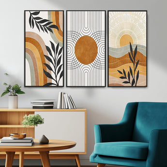 32359-MGV-CV-36X24-Modern Sun Wall Art Canvas Print, Framed Retro Horizon Art Picture Print, Sunburst Design Perfect Mid Century Boho Decor Artwork