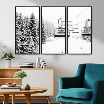 49274-MGV-CV-36X24-Snowy Forest Wall Art Canvas Print, Framed Ski Lift Art Picture Print, Mountain Snow Perfect Minimal Winter Lodge Decor Artwork