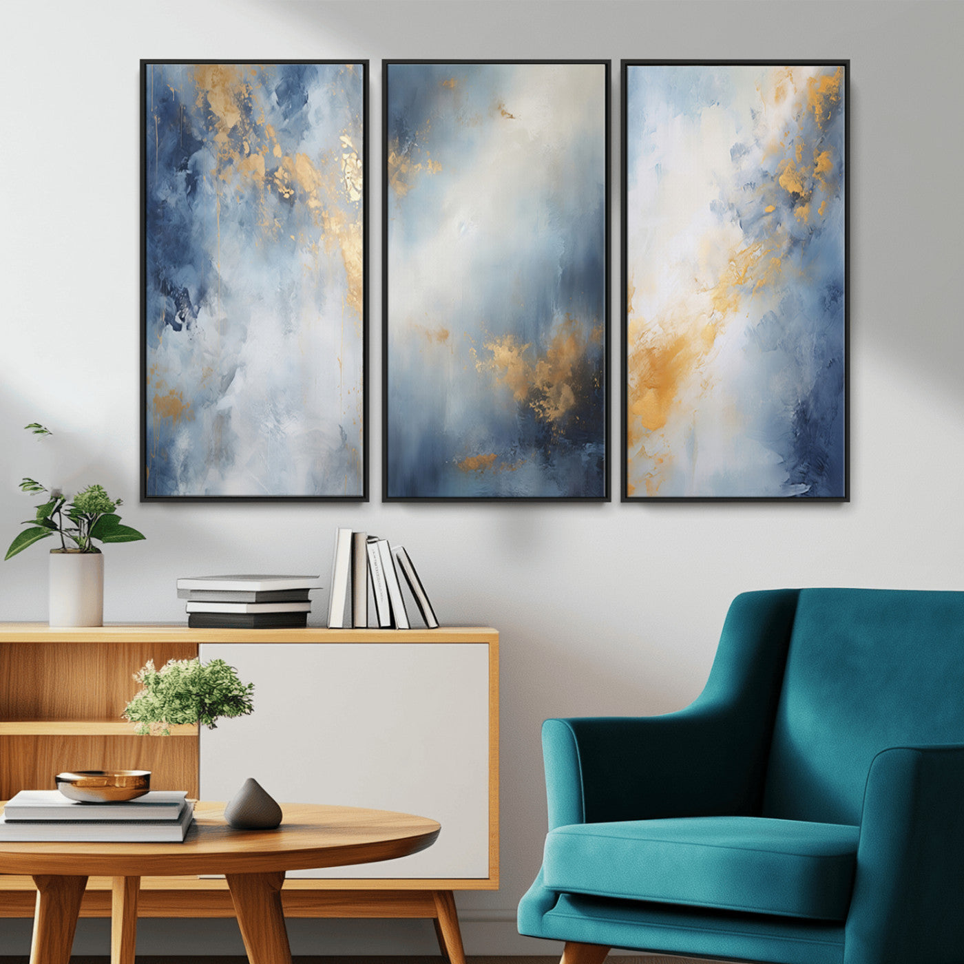 41836-MGV-CV-36X24-Abstract Gold Wall Art Canvas Print, Framed Blue Layers Art Picture Print, Elegant Cloud Perfect Elegant Minimalist Decor Artwork