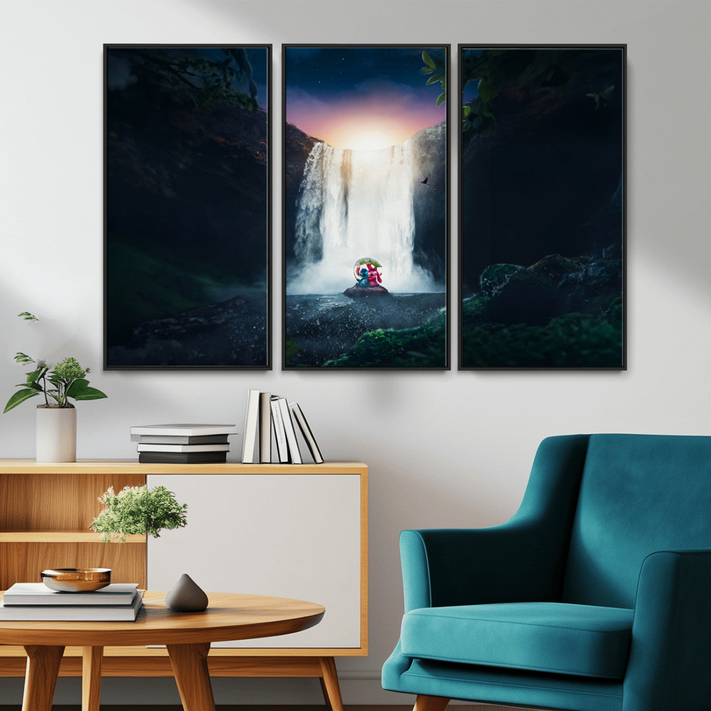 56359-MGV-CV-36X24-Lilo Stitch Wall Art Canvas Print, Framed Stitch Angel Art Picture Print, Cartoon Waterfall Perfect Tropical Fantasy Decor Artwork