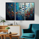 89626-MGV-CV-36X24-Fish Swarm Wall Art Canvas Print, Framed Abstract Ocean Art Picture Print, Underwater Life Perfect Vibrant Coastal Decor Artwork