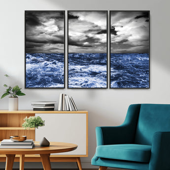 91043-MGV-CV-36X24-Stormy Ocean Wall Art Canvas Print, Framed Moody Seascape Art Picture Print, Monochrome Sea Perfect Coastal Drama Decor Artwork