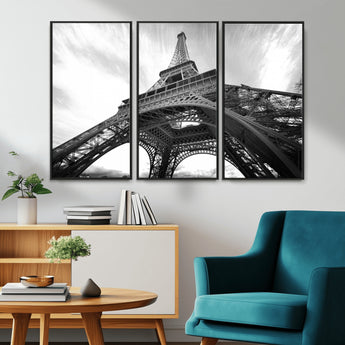40006-MGV-FC-48X32-3P_Black-Eiffel Tower Wall Art – Black and White Architectural Photo Print, Paris Inspired Decor for Bedroom, Office, Studio or Modern