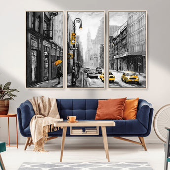 32362-MGV-CV-36X24-NYC Street Wall Art – Black and White Cityscape with Yellow Taxis and Umbrella Canvas Print, Urban Home Decor for Living Room or
