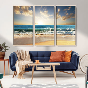 13139-MGV-CV-36X24-Sunrise Beach Wall Art – Ocean Waves and Golden Sand Canvas Print, Coastal Home Decor for Living Room, Bedroom, or Office