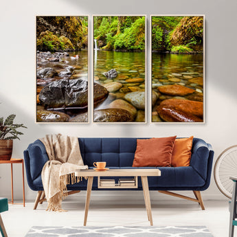 98096-MGV-CV-36X24-Serene River Waterfall Nature Photo – Calm Clear Water, Vibrant Green Forest and Smooth Stones Landscape Wall Art for Home or