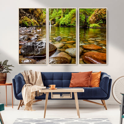 98096-MGV-CV-36X24-Serene River Waterfall Nature Photo – Calm Clear Water, Vibrant Green Forest and Smooth Stones Landscape Wall Art for Home or
