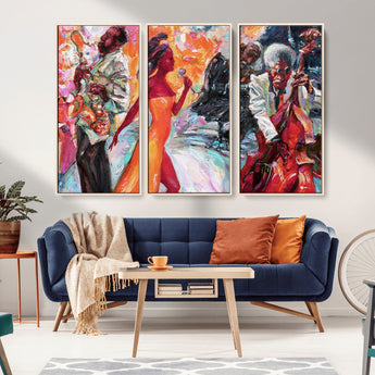 24452-MGV-CV-36X24-Vibrant Jazz Musician Painting - Expressive Art Print of Live Jazz Band, Perfect Wall Decor for Music Lovers and Art Enthusiasts