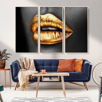 84747-MGV-CV-36X24-Golden Lips Black & White Portrait – Glamorous Metallic Lip Art Print, Modern Wall Decor for Bedroom, Beauty & Fashion Lover Gift