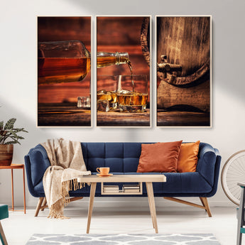 21266-MGV-CV-36X24-Pouring Whiskey into Glasses with Ice – Rustic Wooden Barrel Background, Warm Ambient Lighting, Ideal Decor for Home or Office