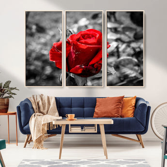 84671-MGV-CV-36X24-Red Rose Wall Art – Vibrant Single Bloom Canvas Print with Black and White Background, Elegant Floral Decor for Living Room,