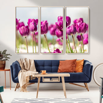 30632-MGV-CV-36X24-Purple Tulip Field Wall Art – Beautiful Spring Flowers Canvas Print with Soft Focus and Bright Sky, Ideal Floral Decor for Home or