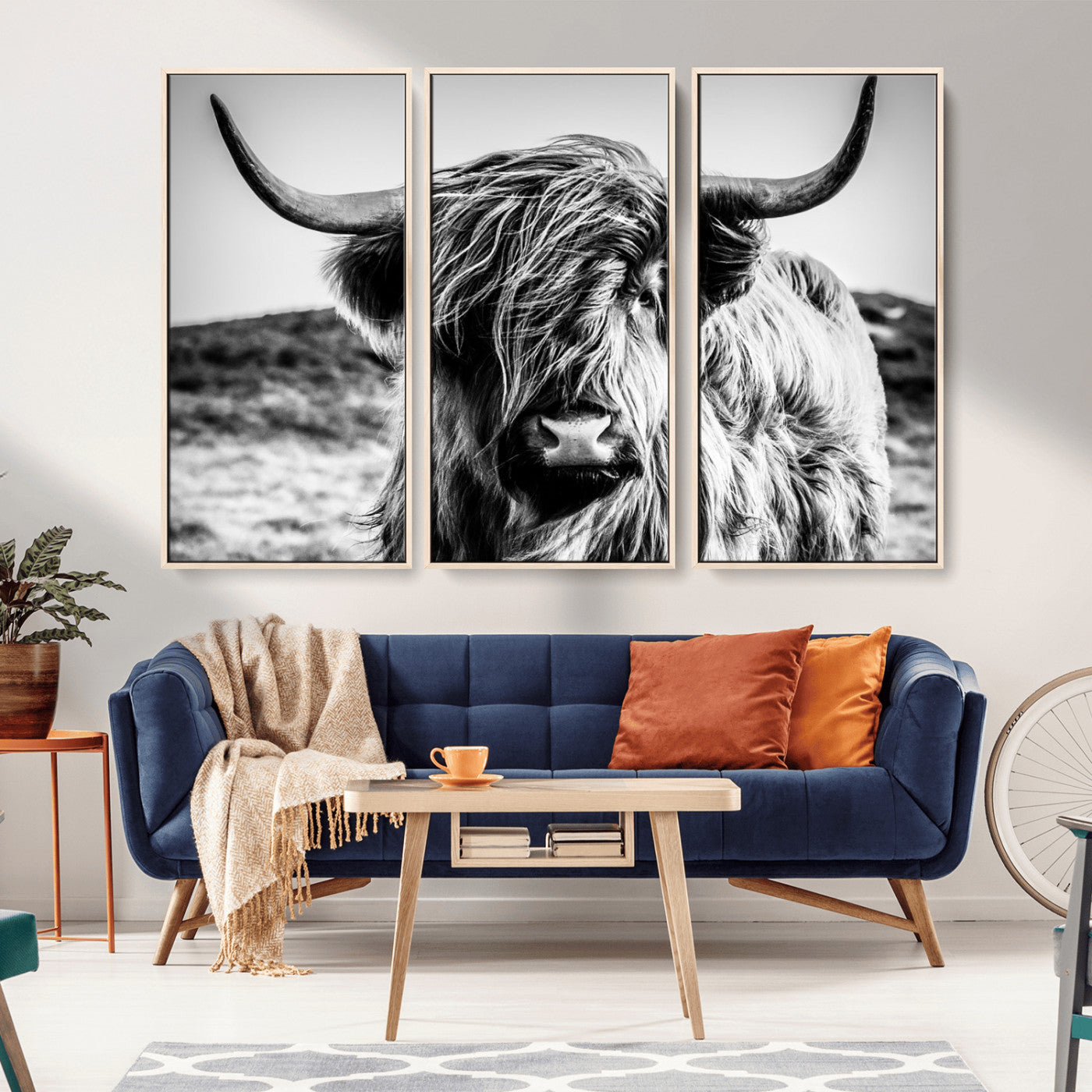 36979-MGV-CV-36X24-Striking black-and-white portrait of a Highland cow with flowing fur and majestic horns, perfect for rustic and elegant home or
