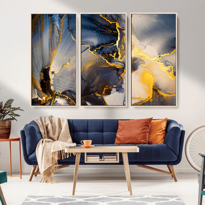 42100-MGV-CV-36X24-Golden Flow Abstract Wall Art – Panoramic Modern Blue and Gold Canvas Print, Contemporary Artistic Decor for Home, Office