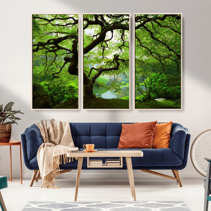 18094-MGV-FC-48X32-3P_Natural-Emerald Canopy Wall Art – Panoramic Lush Green Tree Canvas Print, Serene Nature Decor for Office, Living Room or Meditation Space