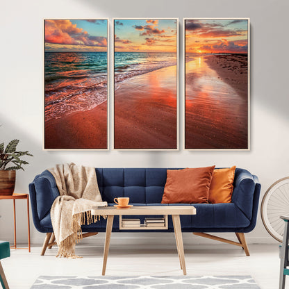 77723-MGV-FC-48X32-3P_Natural-Sunset Beach Wall Art – Vibrant Ocean Waves and Golden Horizon Canvas Print, Coastal Seascape Photography Home Decor