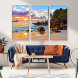 43209-MGV-FC-48X32-3P_Natural-Tropical Beach Sunset Wall Art – Golden Ocean Waves and Palm Trees with Rocky Shore Canvas Print, Coastal Seascape Decor for
