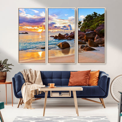 43209-MGV-FC-48X32-3P_Natural-Tropical Beach Sunset Wall Art – Golden Ocean Waves and Palm Trees with Rocky Shore Canvas Print, Coastal Seascape Decor for