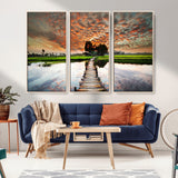 29105-MGV-CV-36X24-Rustic Wooden Bridge Wall Art – Scenic Sunset Over Rice Fields and Reflective Water Canvas Print, Nature Landscape Decor for