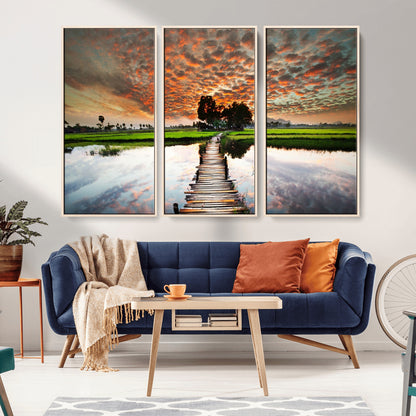 29105-MGV-CV-36X24-Rustic Wooden Bridge Wall Art – Scenic Sunset Over Rice Fields and Reflective Water Canvas Print, Nature Landscape Decor for