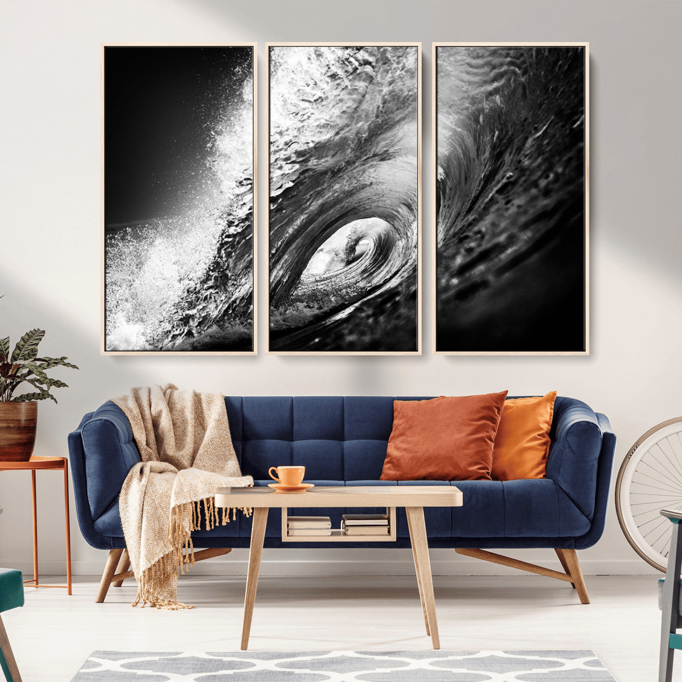 22702-MGV-FC-48X32-3P_Natural-Black and White Ocean Wave Wall Art – Powerful Surf Curl Photography Canvas Print, Modern Coastal Decor for Living Room, Office or