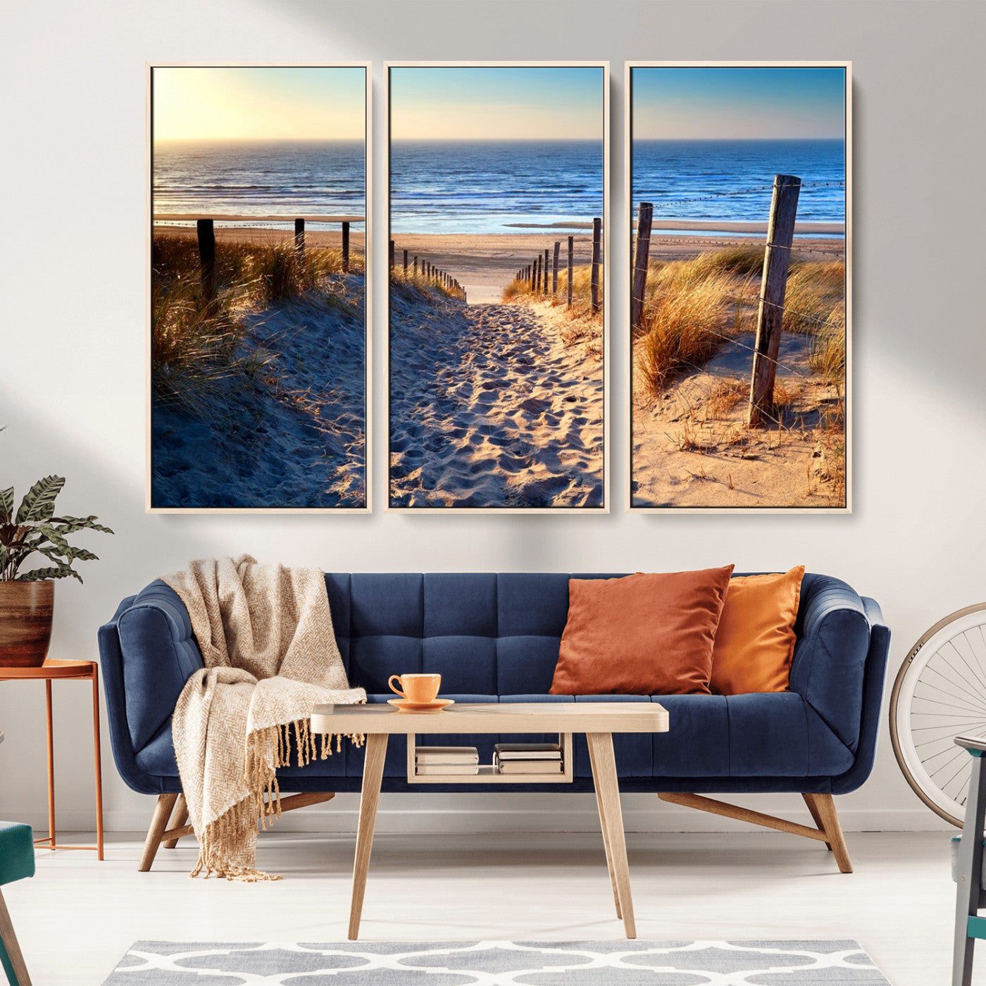 31889-MGV-FC-48X32-3P_Natural-Sandy Beach Pathway Wall Art – Coastal Dune Fence and Ocean View Canvas Print, Relaxing Seaside Landscape Decor for Living Room or