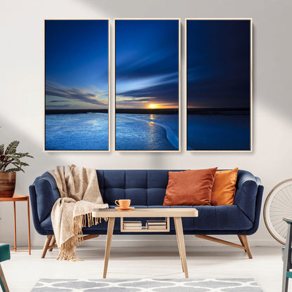 65405-MGV-FC-48X32-3P_Natural-Blue Sunrise Seascape Wall Art – Tranquil Ocean Horizon Canvas Print with Golden Sunlight and Deep Sky, Coastal Landscape Decor