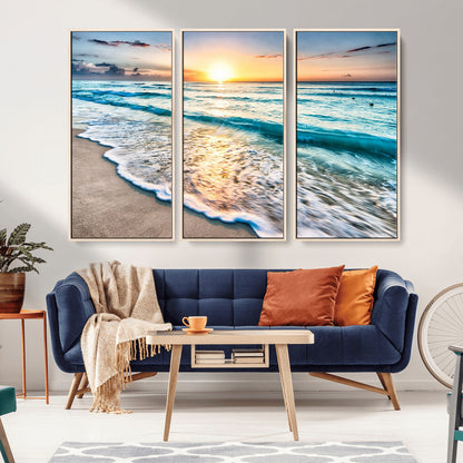 27815-MGV-FC-48X32-3P_Natural-Ocean Sunrise Beach Wall Art – Serene Coastal Canvas Print with Waves and Golden Morning Light, Relaxing Seascape Decor for