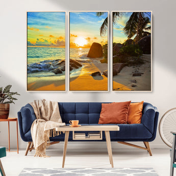 26181-MGV-FC-48X32-3P_Natural-Golden Tropical Sunset Beach Wall Art – Ocean Canvas Print with Palm Trees and Rocks, Coastal Paradise Decor for Living Room or