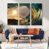 38256-MGV-FC-48X32-3P_Natural-Ocean Wave Wall Art – Stunning Sunrise Through Curling Wave Canvas Print, Coastal Surf Photography Seascape Decor for Living Room,