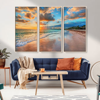41572-MGV-FC-48X32-3P_Natural-Sunset Beach Wall Art – Ocean Waves and Palm Trees Canvas Print, Tropical Coastal Sunset Seascape Decor for Living Room, Bedroom