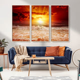 60211-MGV-FC-48X32-3P_Natural-Fiery Sunset Ocean Wall Art – Red Sky Seascape Canvas Print with Waves, Bold Coastal Sunset Decor for Living Room or Bedroom