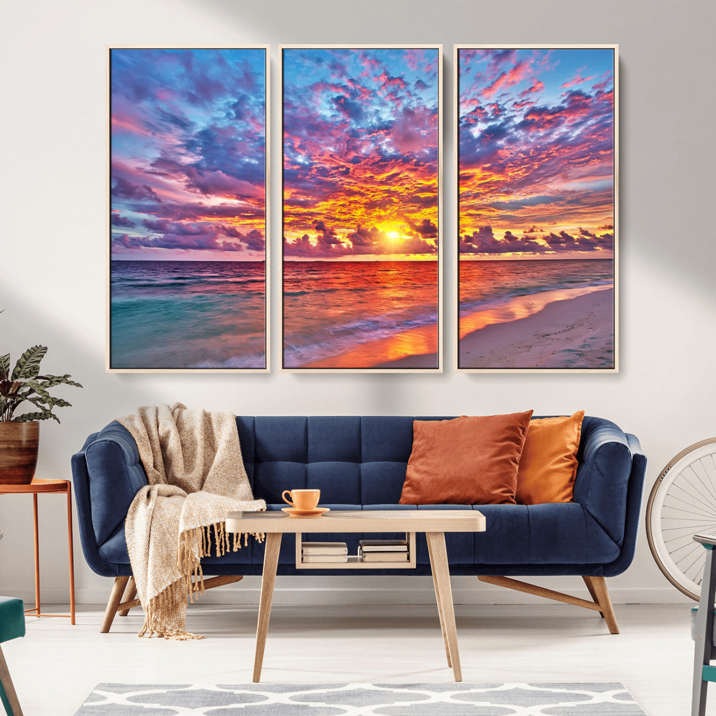 72836-MGV-FC-48X32-3P_Natural-Fiery Sunset Beach Wall Art – Panoramic Vibrant Ocean Canvas Print, Dramatic Coastal Decor for Living Room, Bedroom or Office
