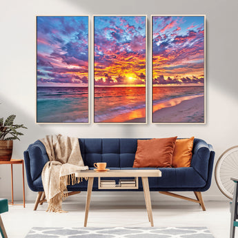 72836-MGV-FC-48X32-3P_Natural-Fiery Sunset Beach Wall Art – Panoramic Vibrant Ocean Canvas Print, Dramatic Coastal Decor for Living Room, Bedroom or Office