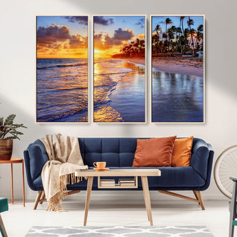 19917-MGV-FC-48X32-3P_Natural-Tropical Sunset Beach Wall Art – Panoramic Palm Trees and Ocean Canvas Print, Vibrant Coastal Decor for Living Room, Office or Man