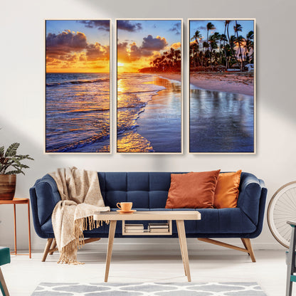 19917-MGV-FC-48X32-3P_Natural-Tropical Sunset Beach Wall Art – Panoramic Palm Trees and Ocean Canvas Print, Vibrant Coastal Decor for Living Room, Office or Man
