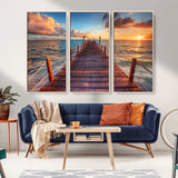 28836-MGV-FC-48X32-3P_Natural-Ocean Pier Sunset Wall Art – Wooden Dock and Golden Horizon Canvas Print, Coastal Seascape Photography for Living Room, Bedroom,