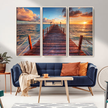 28836-MGV-FC-48X32-3P_Natural-Ocean Pier Sunset Wall Art – Wooden Dock and Golden Horizon Canvas Print, Coastal Seascape Photography for Living Room, Bedroom,