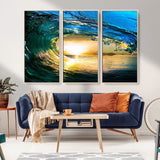 19378-MGV-FC-48X32-3P_Natural-Ocean Wave Sunset Wall Art – Vibrant Surf and Golden Horizon Canvas Print, Coastal Seascape Photography for Living Room, Bedroom,