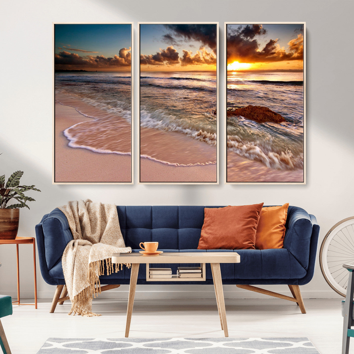 80979-MGV-FC-48X32-3P_Natural-Golden Sunrise Beach Wall Art – Ocean Waves and Sandy Shore Canvas Print, Coastal Sunset Photography Artwork for Living Room,