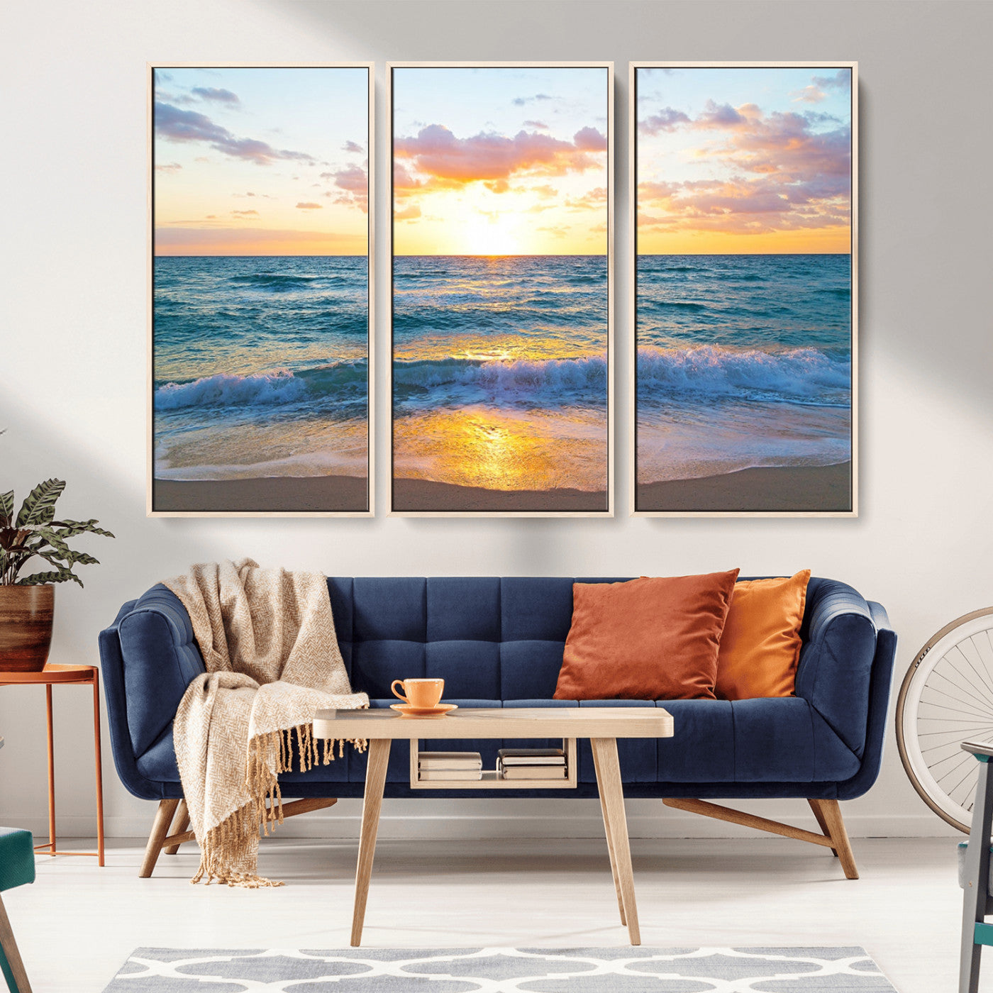 78006-MGV-FC-48X32-3P_Natural-Golden Sunrise Ocean Wall Art – Panoramic Beach Waves Canvas Print, Coastal Seascape Artwork for Living Room, Bedroom, Office, or