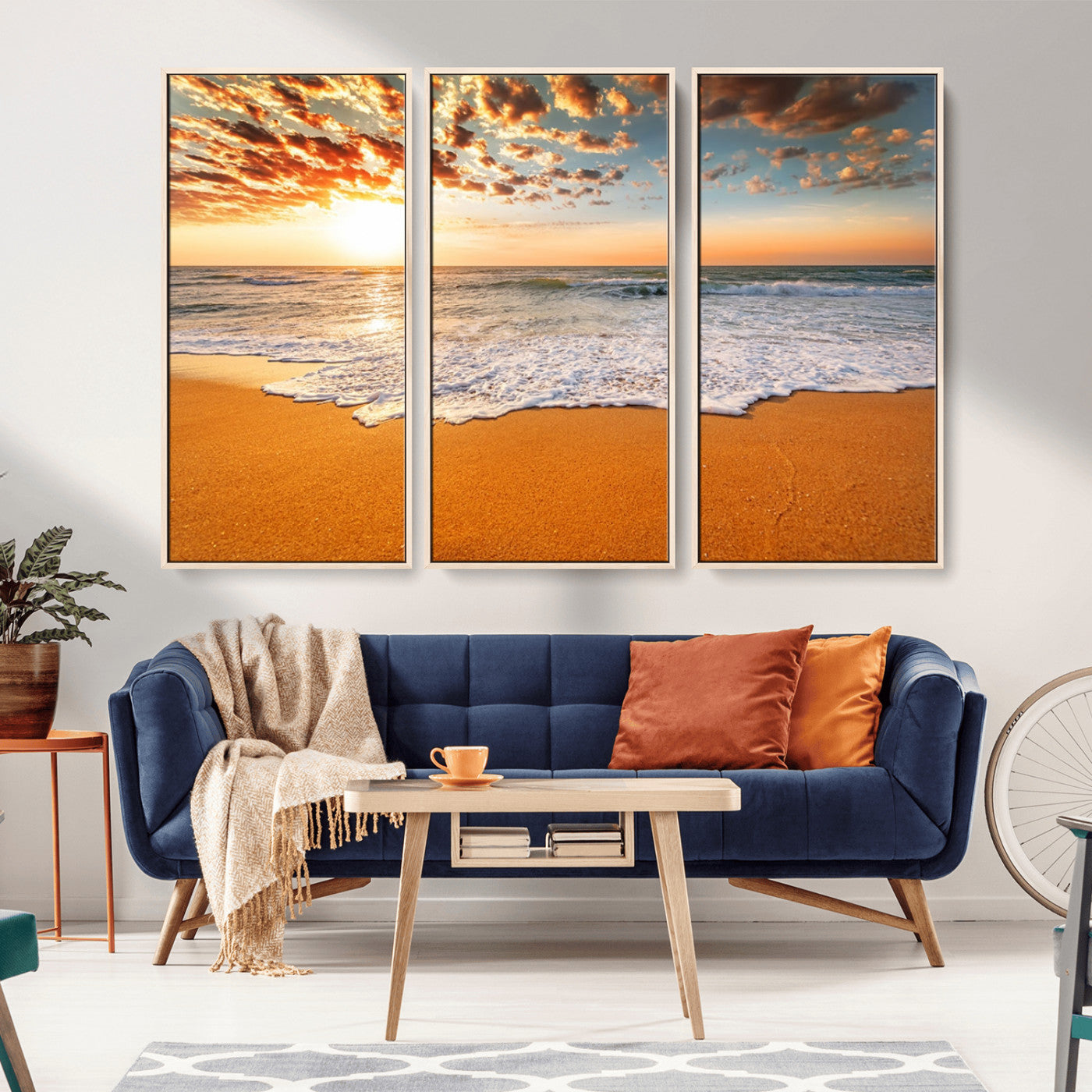 15399-MGV-FC-48X32-3P_Natural-Golden Sunrise Beach Wall Art – Ocean Waves on Sandy Shore Canvas Print, Coastal Seascape Decor for Living Room or Bedroom