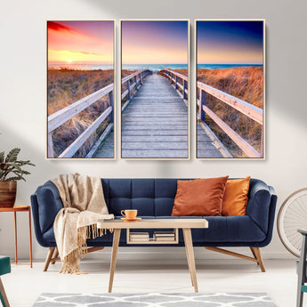60625-MGV-FC-48X32-3P_Natural-Beach Boardwalk Sunrise Wall Art – Coastal Pathway to Ocean Canvas Print, Seaside Landscape Decor for Home or Office