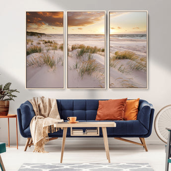 61246-MGV-FC-48X32-3P_Natural-Coastal Sand Dunes Wall Art – Serene Beach Sunset Canvas Print with Grasses and Ocean View, Tranquil Seaside Decor for Living Room